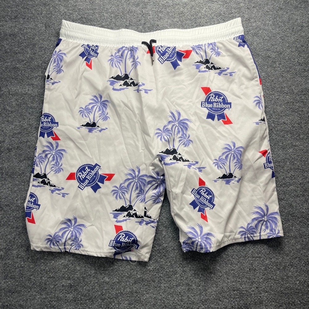 Pabst Blue Ribbon Mens Tropical Board Shorts White Blue Beer Swim Trunks 2XL